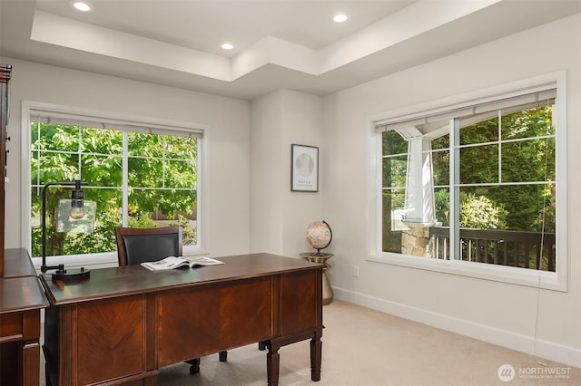 27332 SE 10th Ct, Sammamish, WA 98075 - office area featuring baseboards, carpet, recessed lighting, and a tray ceiling