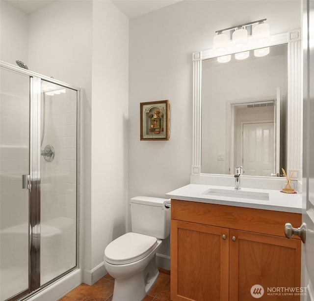 27332 SE 10th Ct, Sammamish, WA 98075 - bathroom featuring vanity, tile patterned flooring, toilet, a shower stall, and baseboards