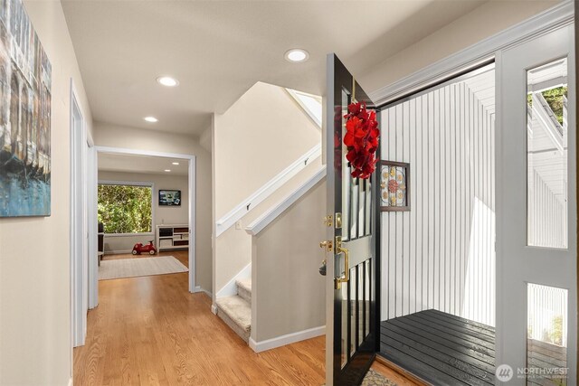2911 216th Ave NE, Sammamish, WA 98074 - foyer entrance featuring stairway, light wood-type flooring, recessed lighting, and baseboards