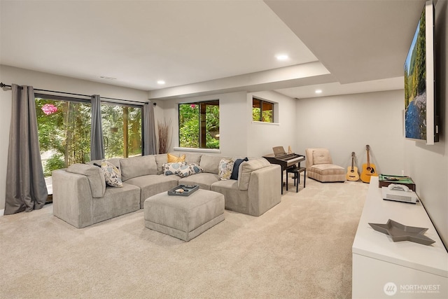 2911 216th Ave NE, Sammamish, WA 98074 - living room featuring light carpet, recessed lighting, and plenty of natural light