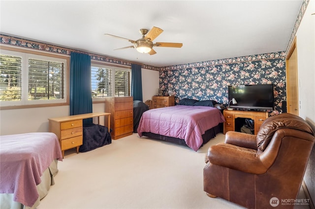 6888 Golf View Dr, Lynden, WA 98264 - bedroom with wallpapered walls, carpet floors, and a ceiling fan