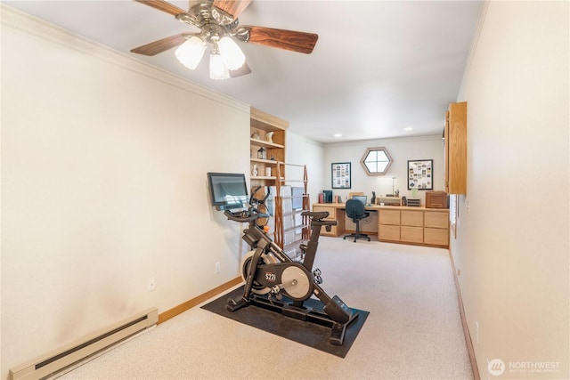 6888 Golf View Dr, Lynden, WA 98264 - home office with a baseboard radiator, ornamental molding, baseboards, ceiling fan, and carpet