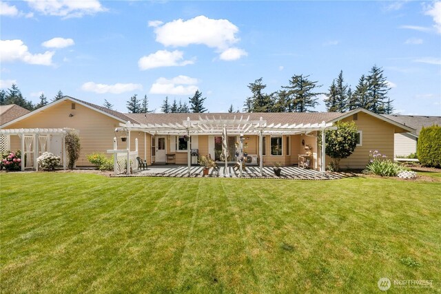 6888 Golf View Dr, Lynden, WA 98264 - back of property with a pergola, a patio, a lawn, and roof with shingles