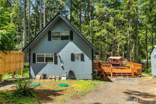 60 E Olde Lyme Rd, Shelton, WA 98584 - chalet / cabin featuring a wooden deck and a wooded view