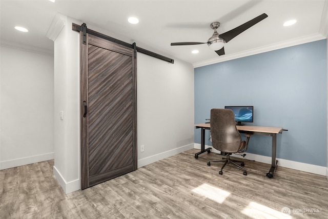 716 W Argand St Unit C, Seattle, WA 98119 - office space with ornamental molding, a ceiling fan, a barn door, wood finished floors, and baseboards