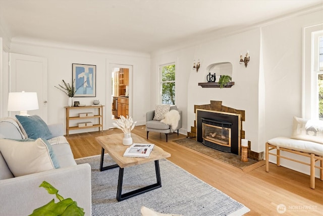 4828 38th Ave NE, Seattle, WA 98105 - living room with light wood-type flooring, a tile fireplace, and ornamental molding