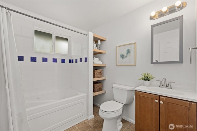 325 NE 178th St, Shoreline, WA 98155 - bathroom featuring vanity, toilet, shower / bathtub combination with curtain, tile patterned floors, and baseboards
