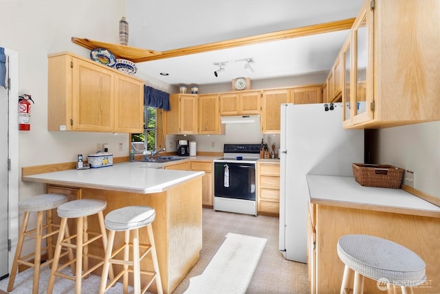 7101 Rainier Way, Glacier, WA 98244 - kitchen with white appliances, extractor fan, light brown cabinets, a peninsula, and a breakfast bar