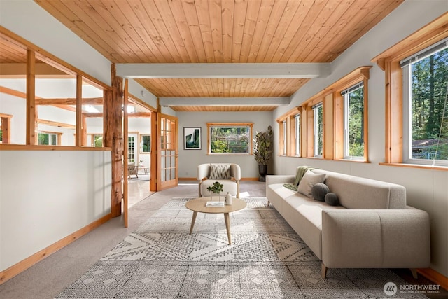 3542 Constitution Rd, Lummi Island, WA 98262 - carpeted living area with french doors, baseboards, and wood ceiling with exposed beams
