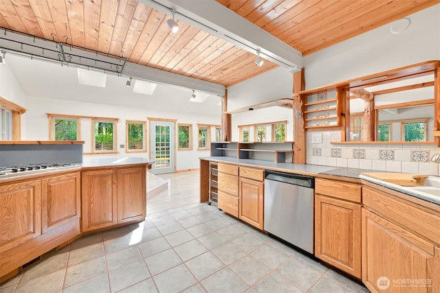 3542 Constitution Rd, Lummi Island, WA 98262 - kitchen with track lighting, stainless steel appliances, tasteful backsplash, a sink, and wood ceiling