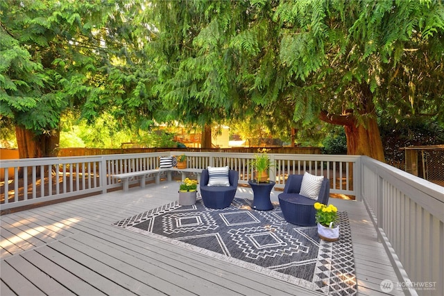 19802 33rd Dr SE, Bothell, WA 98012 - wooden terrace with an outdoor living space and a fenced backyard