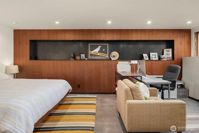 2043 N 78th St, Seattle, WA 98103 - bedroom featuring recessed lighting, an office area, wooden walls, and carpet floors