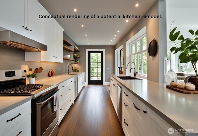 2043 N 78th St, Seattle, WA 98103 - kitchen with ventilation hood, stainless steel appliances, a sink, recessed lighting, and dark wood-style floors