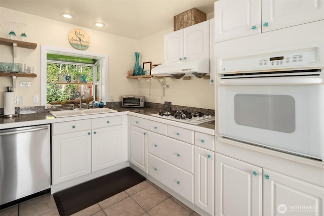 24410 Vashon Hwy SW, Vashon, WA 98070 - kitchen featuring white appliances, open shelves, a sink, white cabinets, and recessed lighting