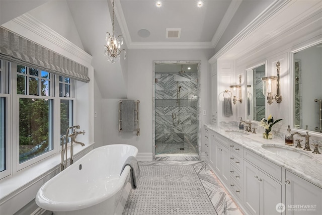 1848 77th Ave NE, Medina, WA 98039 - bathroom with a shower stall, double vanity, a freestanding tub, crown molding, and vaulted ceiling