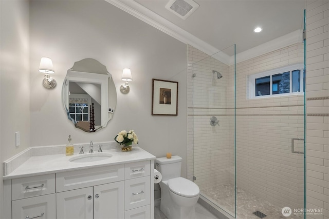 1848 77th Ave NE, Medina, WA 98039 - full bathroom featuring a stall shower, vanity, toilet, ornamental molding, and lofted ceiling
