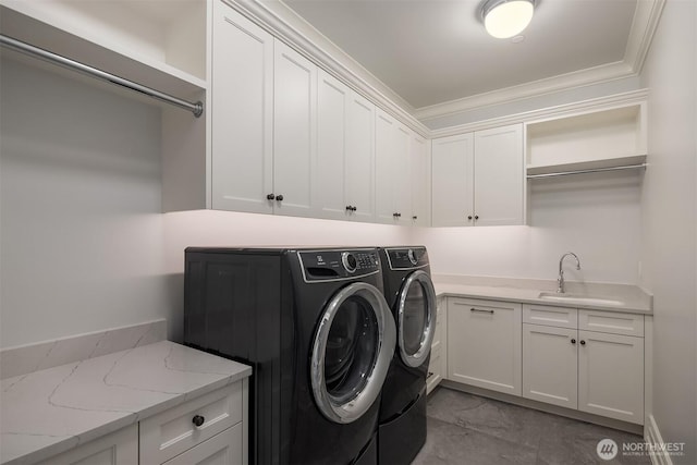 1848 77th Ave NE, Medina, WA 98039 - laundry area with cabinet space, separate washer and dryer, crown molding, and marble finish flooring