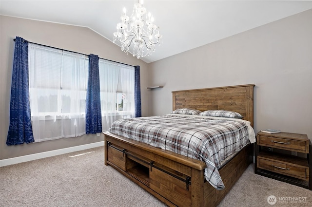 22306 137th Ave E, Graham, WA 98338 - bedroom featuring carpet flooring, vaulted ceiling, a chandelier, and baseboards