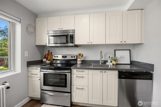 1800 Taylor Ave N Unit 1, Seattle, WA 98109 - kitchen featuring appliances with stainless steel finishes, a sink, dark countertops, radiator, and dark wood-style flooring