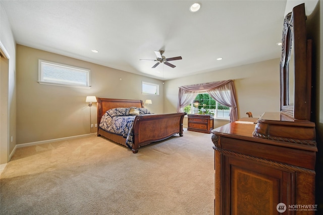 832 SE Vintage Way, College Place, WA 99324 - bedroom with light colored carpet, recessed lighting, a ceiling fan, and baseboards