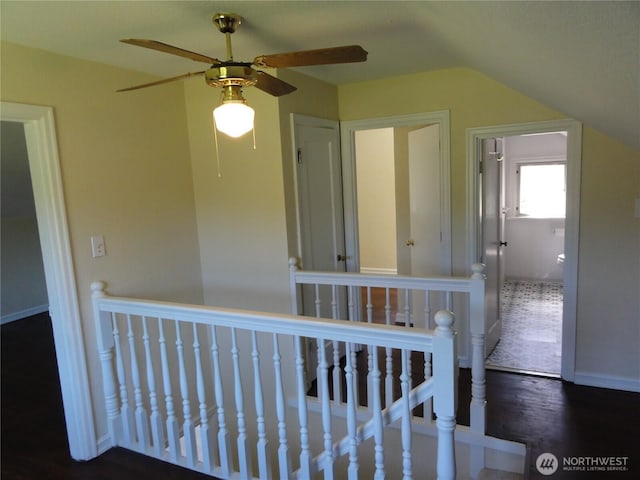 1242 Lidstrom Rd E, Port Orchard, WA 98366 - stairs featuring lofted ceiling, ceiling fan, and wood finished floors
