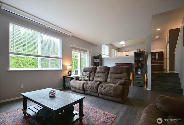 15437 104th Way SE, Yelm, WA 98597 - living area featuring wood finished floors, lofted ceiling, stairway, and recessed lighting