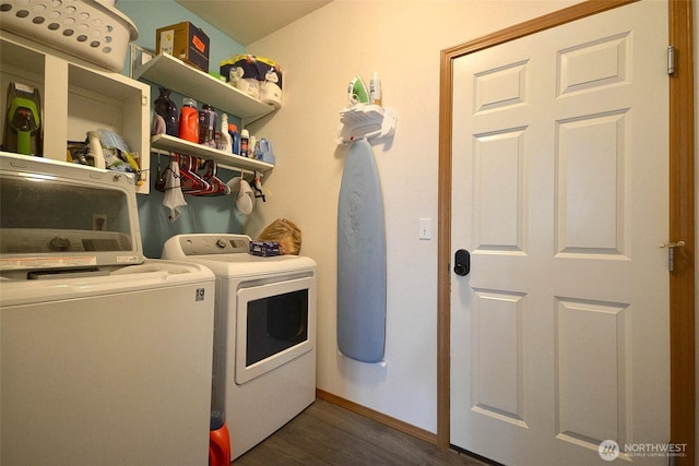 15437 104th Way SE, Yelm, WA 98597 - laundry room featuring independent washer and dryer and dark wood-type flooring