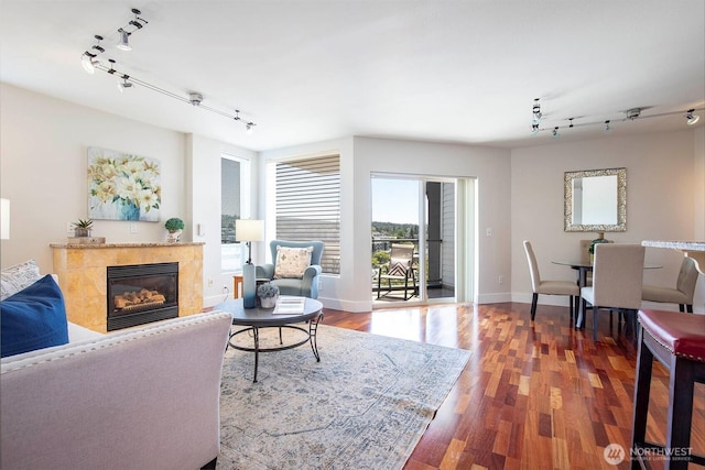 220 1st St Unit 409, Kirkland, WA 98033 - living area with track lighting, wood finished floors, a tiled fireplace, and baseboards