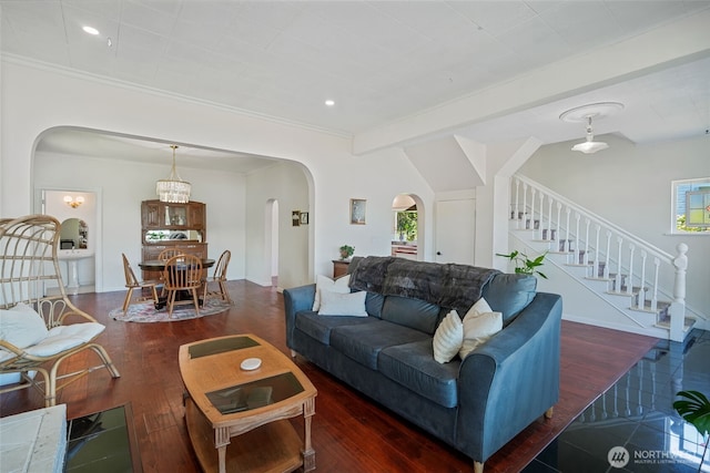 5060 E State Route 106, Union, WA 98592 - living room featuring arched walkways, wood finished floors, stairs, plenty of natural light, and recessed lighting