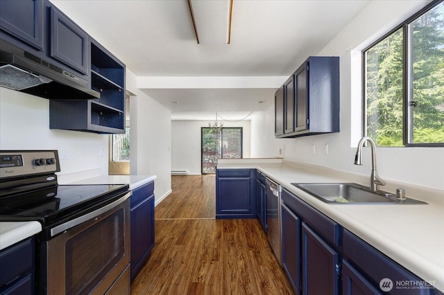 111 NW Columbia Dr Unit B7, Oak Harbor, WA 98277 - kitchen with appliances with stainless steel finishes, a sink, under cabinet range hood, dark wood finished floors, and blue cabinets