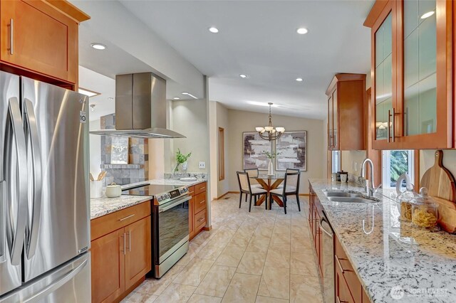 3222 107th Ave SE, Bellevue, WA 98004 - kitchen with appliances with stainless steel finishes, a sink, island exhaust hood, light stone countertops, and recessed lighting