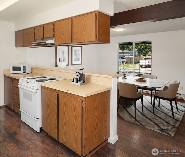 16817 21st Ave E, Spanaway, WA 98387 - kitchen featuring white appliances, a peninsula, dark wood-style flooring, light countertops, and brown cabinets