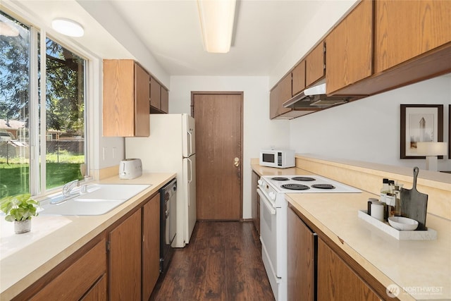 16817 21st Ave E, Spanaway, WA 98387 - kitchen featuring white appliances, a sink, light countertops, and under cabinet range hood