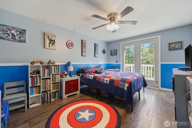 15329 Mckee Ln SE, Yelm, WA 98597 - bedroom with access to exterior, wood finished floors, french doors, and ceiling fan