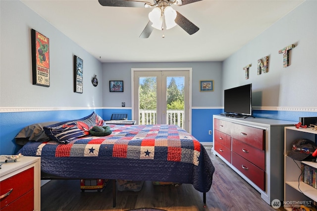 15329 Mckee Ln SE, Yelm, WA 98597 - bedroom featuring access to outside, dark wood-type flooring, and a ceiling fan