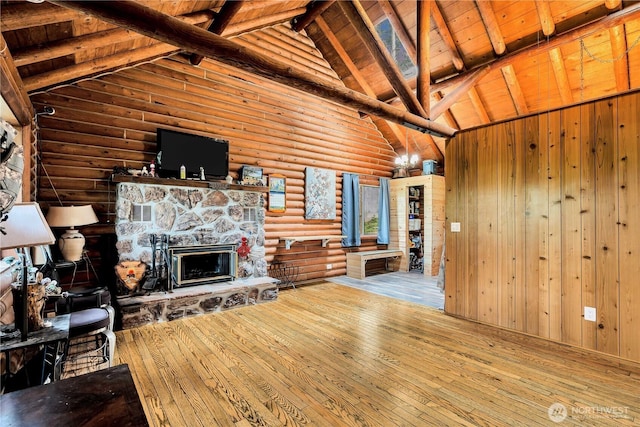 214 Inglewood Dr, Longview, WA 98632 - living room with wood-type flooring, wooden ceiling, and a stone fireplace