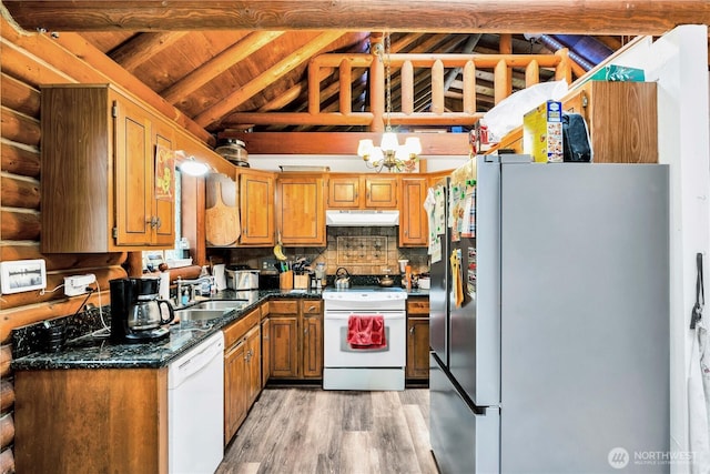 214 Inglewood Dr, Longview, WA 98632 - kitchen with white appliances, under cabinet range hood, light wood-type flooring, a sink, and brown cabinetry