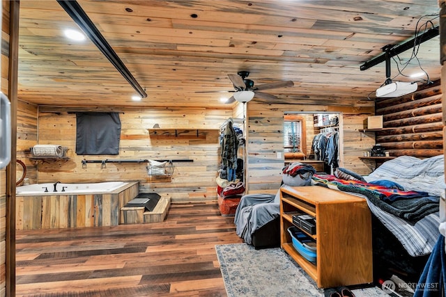 214 Inglewood Dr, Longview, WA 98632 - living room featuring wood finished floors, wood ceiling, a ceiling fan, and wood walls