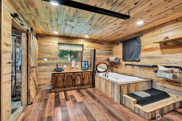 214 Inglewood Dr, Longview, WA 98632 - full bath with wood ceiling, a bath, wood finished floors, vanity, and wood walls