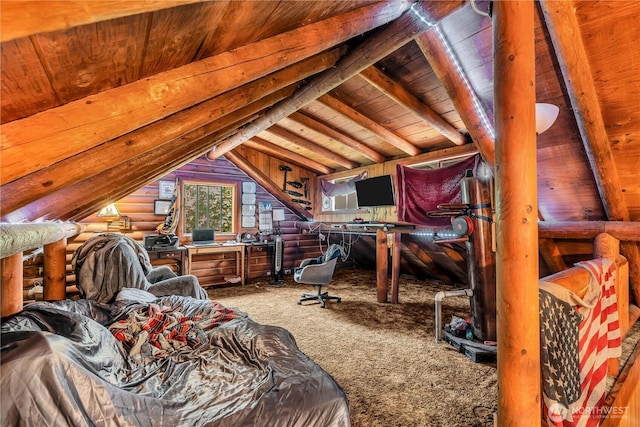 214 Inglewood Dr, Longview, WA 98632 - carpeted bedroom with rustic walls and wooden ceiling