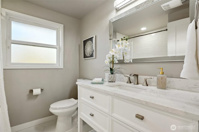628 163rd Ave SE, Bellevue, WA 98008 - bathroom with vanity, toilet, baseboards, a shower with shower curtain, and tile patterned flooring