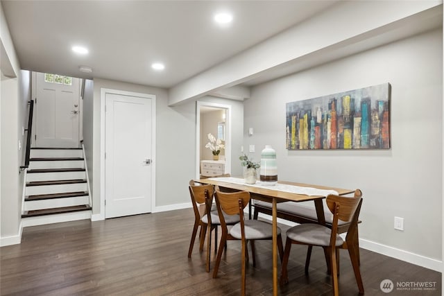 628 163rd Ave SE, Bellevue, WA 98008 - dining space with dark wood-style flooring, baseboards, recessed lighting, and stairway