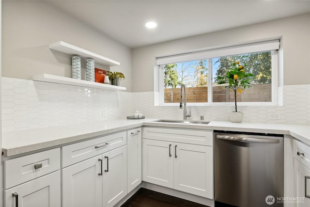 628 163rd Ave SE, Bellevue, WA 98008 - kitchen with dishwasher, a sink, open shelves, tasteful backsplash, and recessed lighting