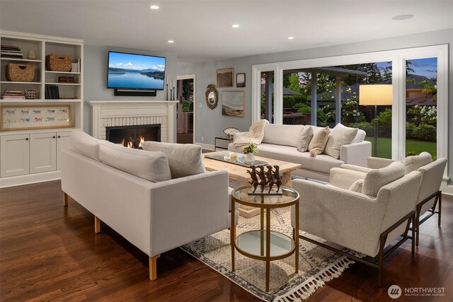 7834 SE 75th Pl, Mercer Island, WA 98040 - living room featuring dark wood finished floors, a brick fireplace, and recessed lighting
