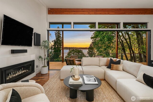 747 14th Ave W, Kirkland, WA 98033 - living area featuring wood finished floors and a glass covered fireplace