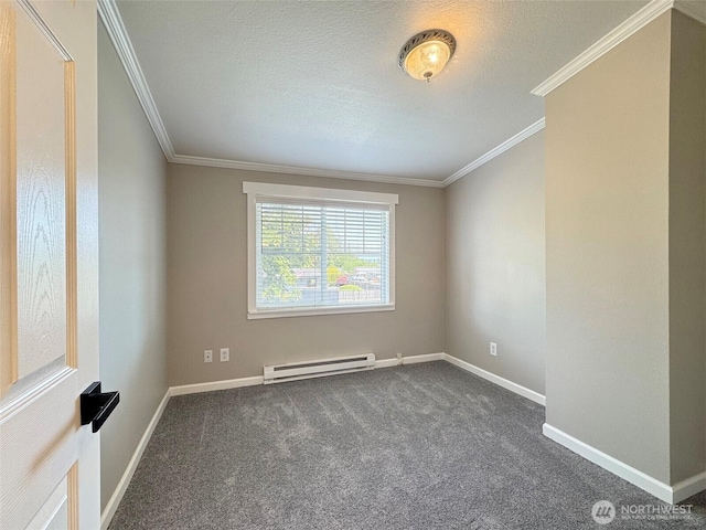 1538 W 12th St, Port Angeles, WA 98363 - spare room with baseboard heating, ornamental molding, dark colored carpet, baseboards, and a textured ceiling