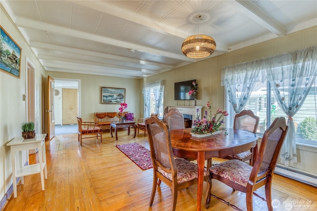 10008 Rainier Ave S, Seattle, WA 98178 - dining room with light wood-type flooring, beam ceiling, healthy amount of natural light, and a baseboard radiator