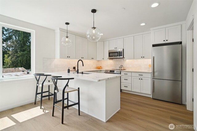 20315 14th Ave NE Unit A & B, Shoreline, WA 98155 - kitchen featuring appliances with stainless steel finishes, a peninsula, decorative backsplash, white cabinets, and a sink