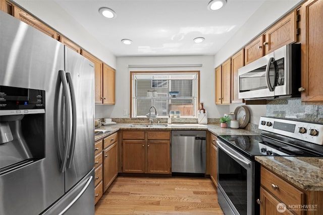 12731 102nd Ave NE, Kirkland, WA 98034 - kitchen featuring appliances with stainless steel finishes, a sink, light wood-type flooring, brown cabinetry, and recessed lighting