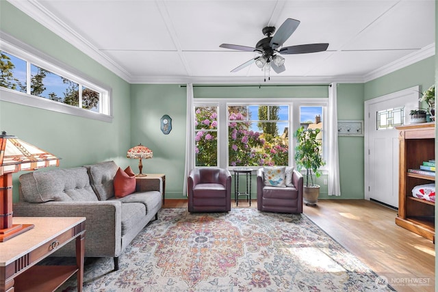 2218 Williams St, Bellingham, WA 98225 - living area featuring wood finished floors, ceiling fan, plenty of natural light, and crown molding